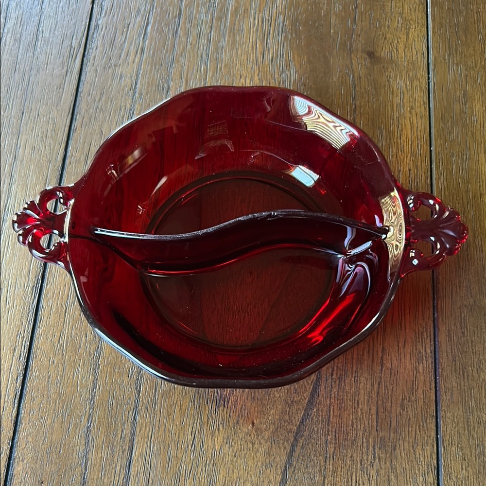 Vintage Fostoria Ruby Red Glass Divided 2 Part Relish Candy Nut Dish
